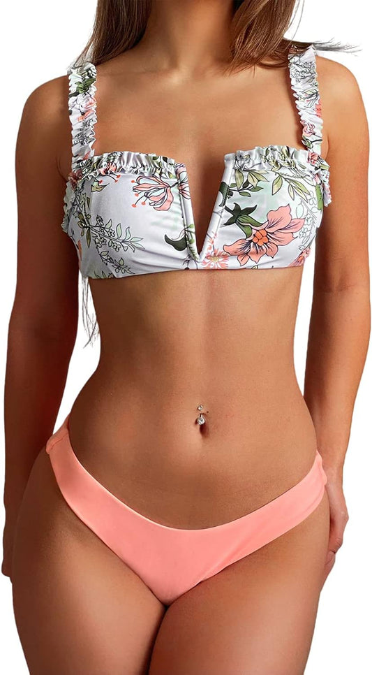 Women Swimsuit V Wired Bathing Suit Floral Tie Reversible Bikini Set