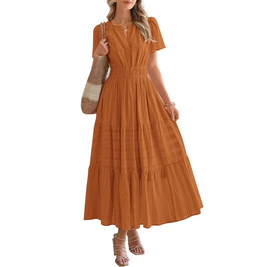 BTFBM Women's Summer 2026 Lightweight Casual Maxi Dress with Short Sleeves, V-Neck, Bohemian Style, and Pockets