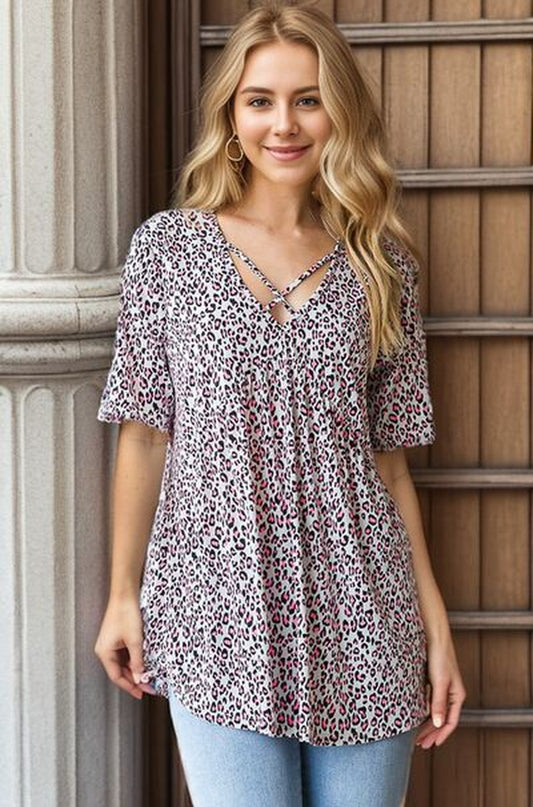 Heimish Full Size Short Sleeve Crisscross Animal Babydoll Top plus Size