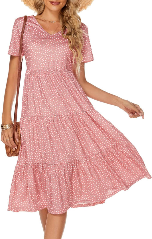 Women's Bohemian Tiered Midi Dress - Short Sleeve V-Neck Loose Cotton Ruffle Babydoll Sundress for Summer 2025