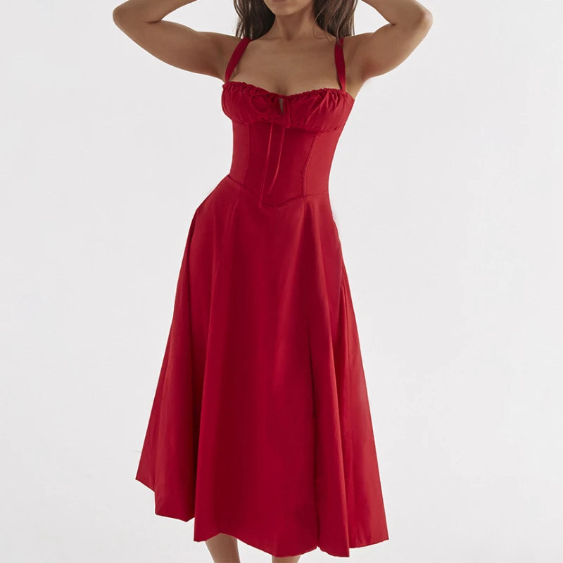 Women's Summer Bohemian Midi Dress with Spaghetti Straps and Tie Front, Floral Print, Sleeveless A-Line Beachwear