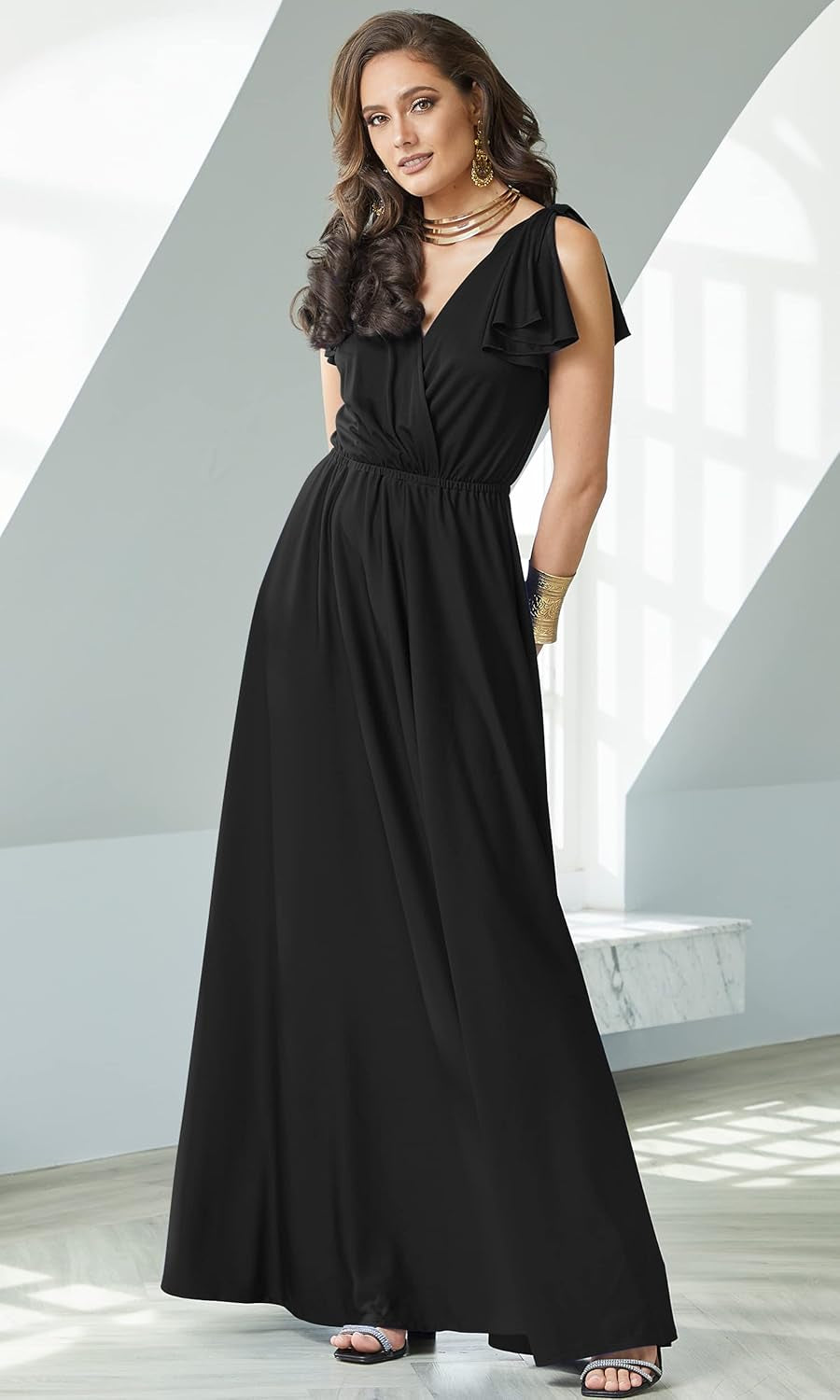 Women's 2026 Long V-Neck Ruffle Sleeveless Maxi Dress for Bridesmaids and Prom