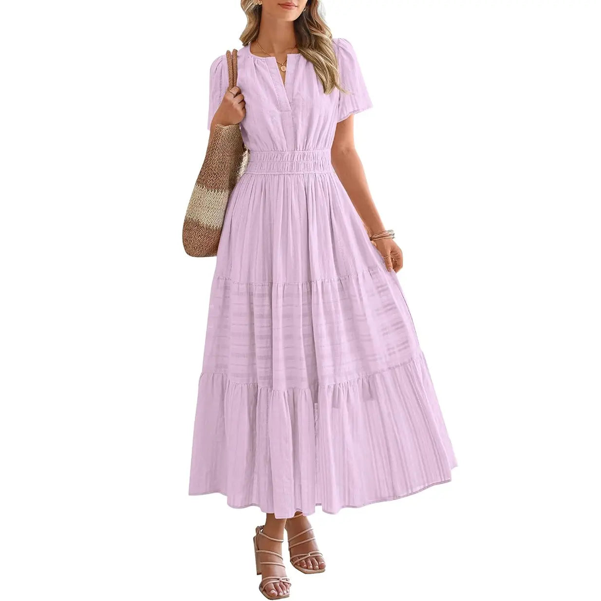 BTFBM Women's Summer 2026 Lightweight Casual Maxi Dress with Short Sleeves, V-Neck, Bohemian Style, and Pockets