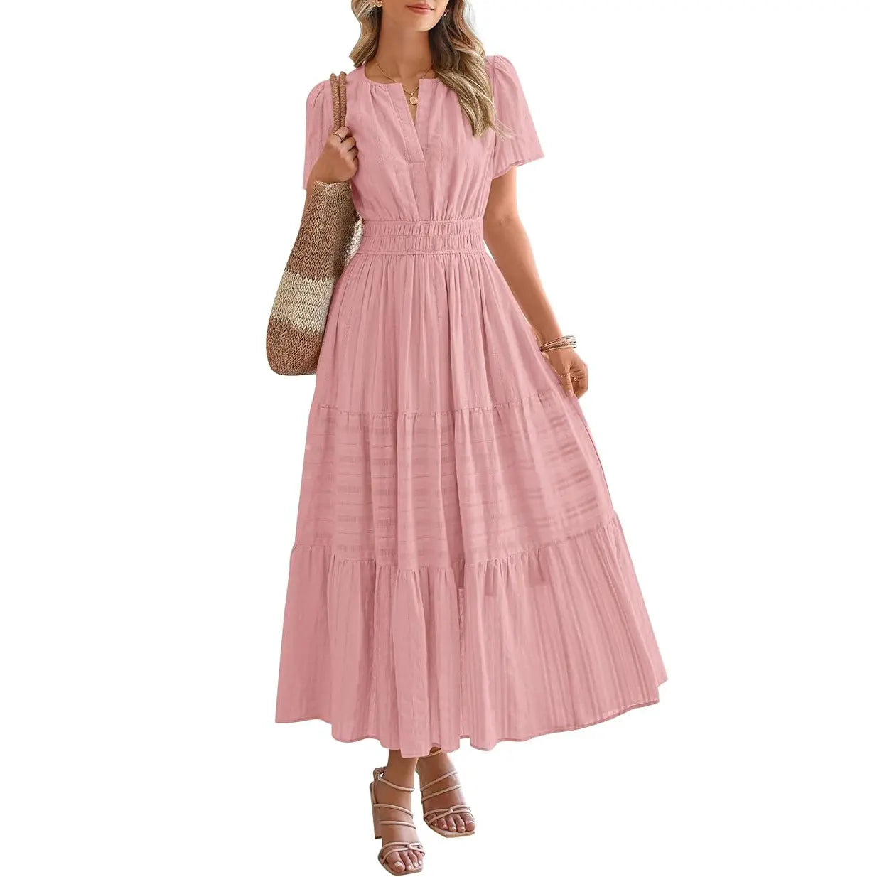 BTFBM Women's Summer 2026 Lightweight Casual Maxi Dress with Short Sleeves, V-Neck, Bohemian Style, and Pockets