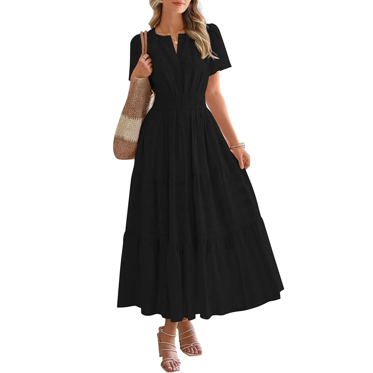 BTFBM Women's Summer 2026 Lightweight Casual Maxi Dress with Short Sleeves, V-Neck, Bohemian Style, and Pockets