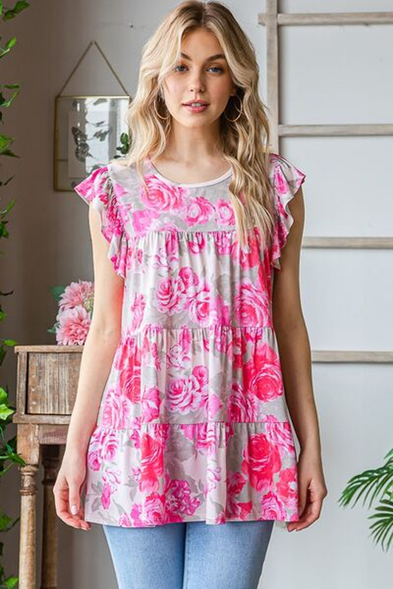 Heimish Full Size Butterfly Sleeve round Neck Floral Tiered Top plus Size