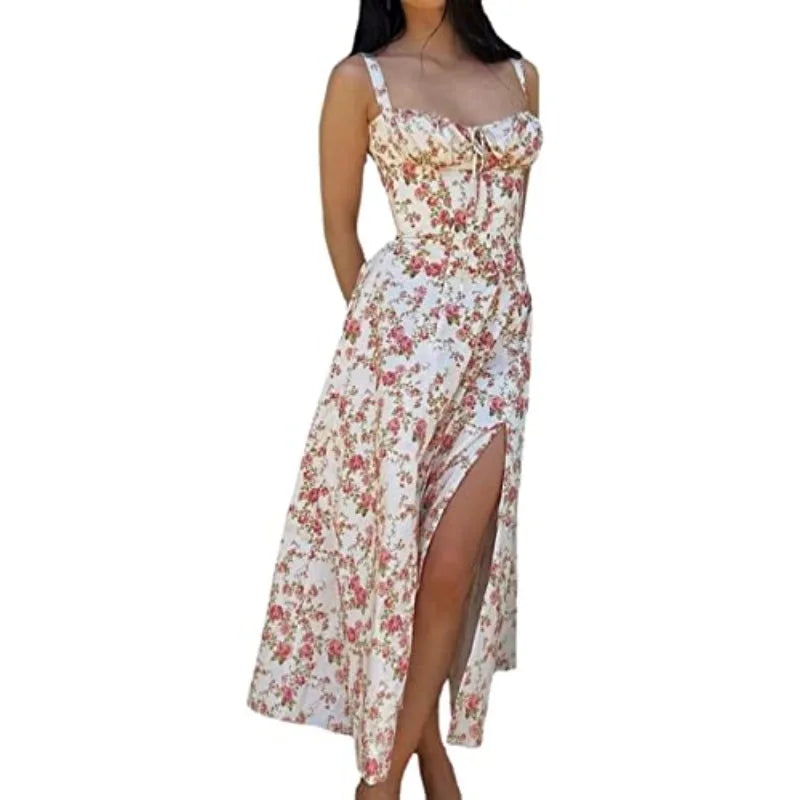 Women's Summer Bohemian Midi Dress with Spaghetti Straps and Tie Front, Floral Print, Sleeveless A-Line Beachwear
