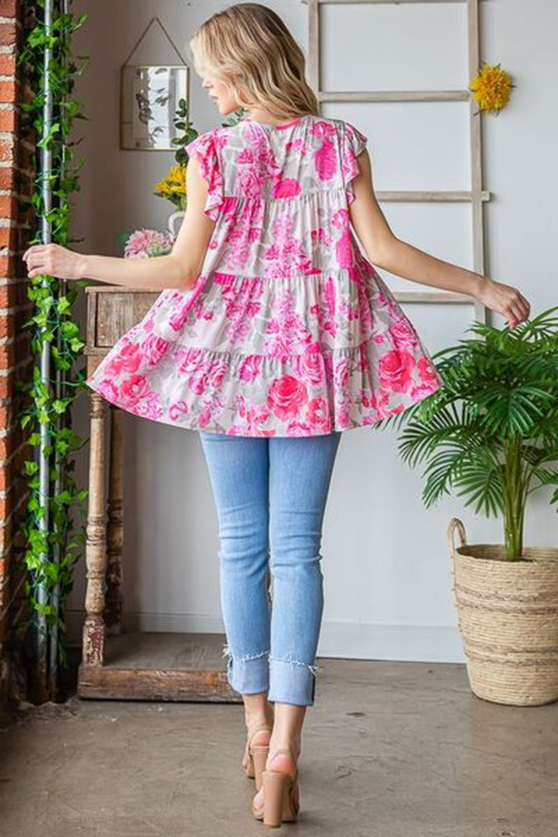 Heimish Full Size Butterfly Sleeve round Neck Floral Tiered Top plus Size