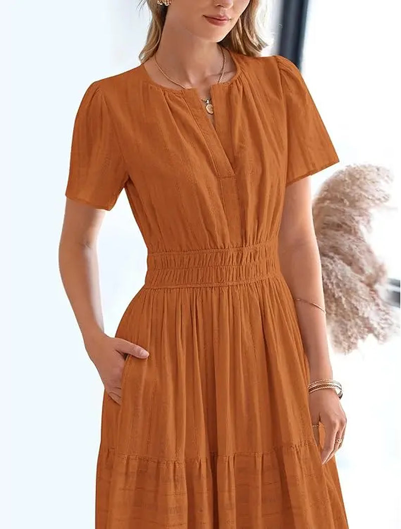 BTFBM Women's Summer 2026 Lightweight Casual Maxi Dress with Short Sleeves, V-Neck, Bohemian Style, and Pockets